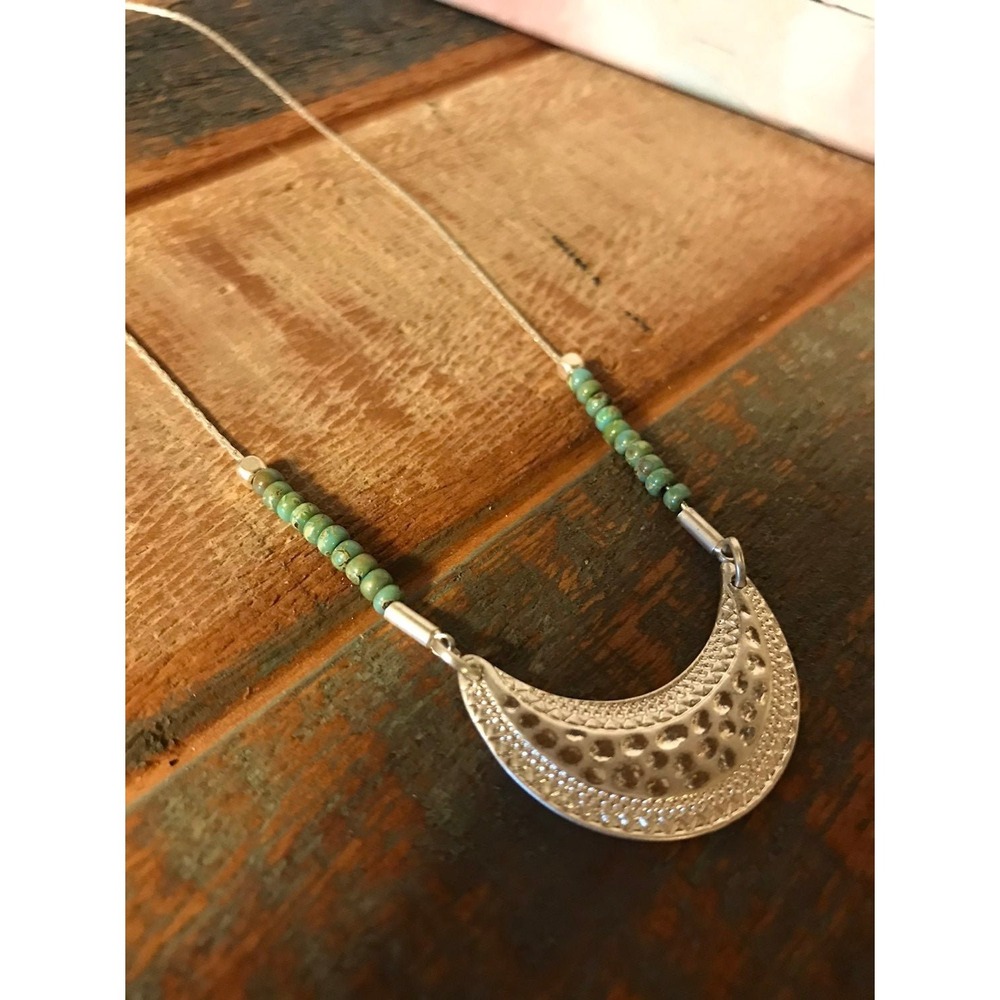 Silver Tone Crescent Moon Hammered Pendant Necklace with Turquoise Beads Boho - Picture 3 of 4